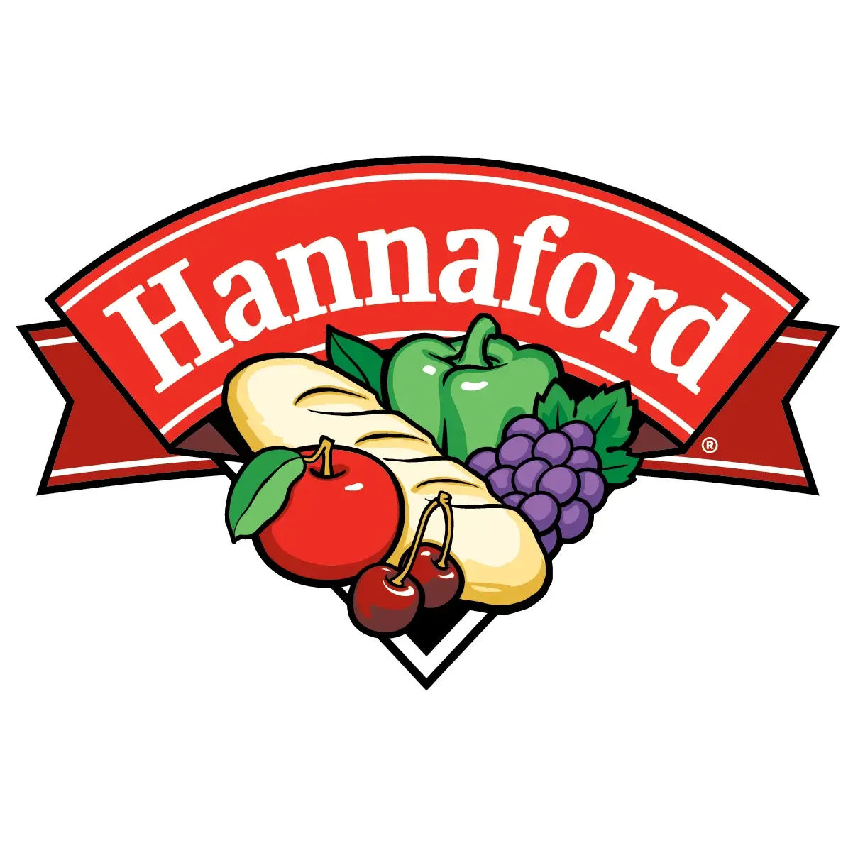 Hannaford logo with assorted fruits and vegetables including an apple, cherries, grapes, a green bell pepper, and a banana.