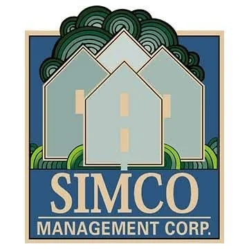 Logo of Simco Management Corp. featuring stylized houses with trees in the background.