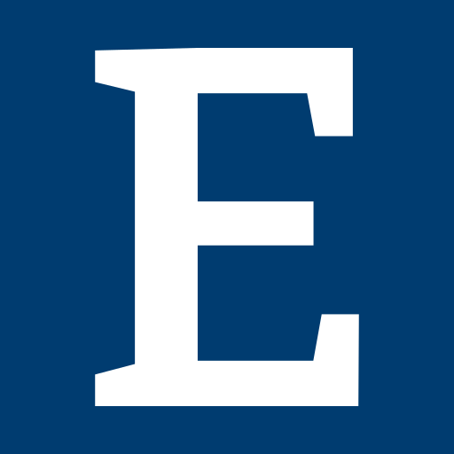 Close-up of a white capital letter 'E' on a dark blue background.