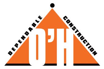 A triangular orange logo with black text along the sides reading 'Dependable Construction'. The center features large white text that says "O'H".