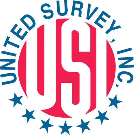 The logo of United Surveying, Inc. features a red and blue design with the company's name encircling a large red 'US' in the center, and includes stars around the perimeter.
