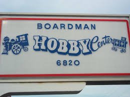 Sign for Hobby Center with the title 'Boardman Hobby Center' and the address 6820.