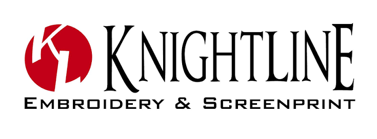 Logo for Knightline Embroidery & Screenprint featuring a red circular emblem with a white stylized 'K' and 'L' and black text.