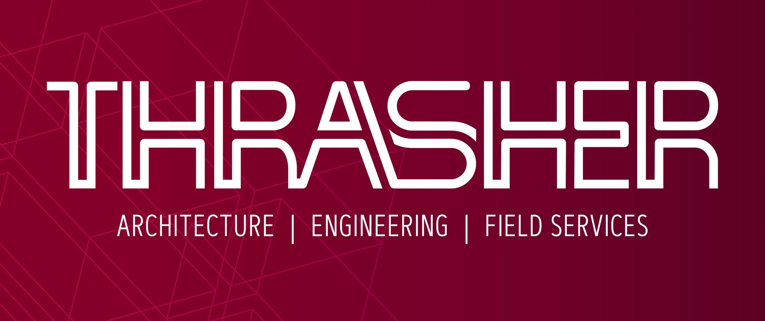 Logo for THRASHER, an architecture, engineering, and field services company, with a maroon background and geometric line design.