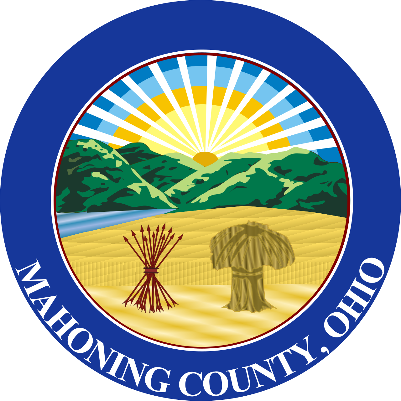 Seal of Matanuska-Susitna Borough showing mountains, a river, sunrise, a sheaf of arrows, and a tipi, with a blue outer ring and white text.