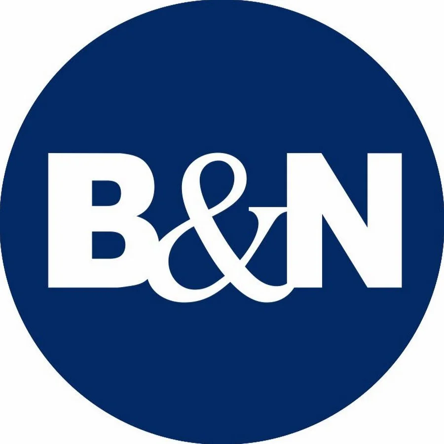 A navy blue circle with white text that reads "B & N" in the center.