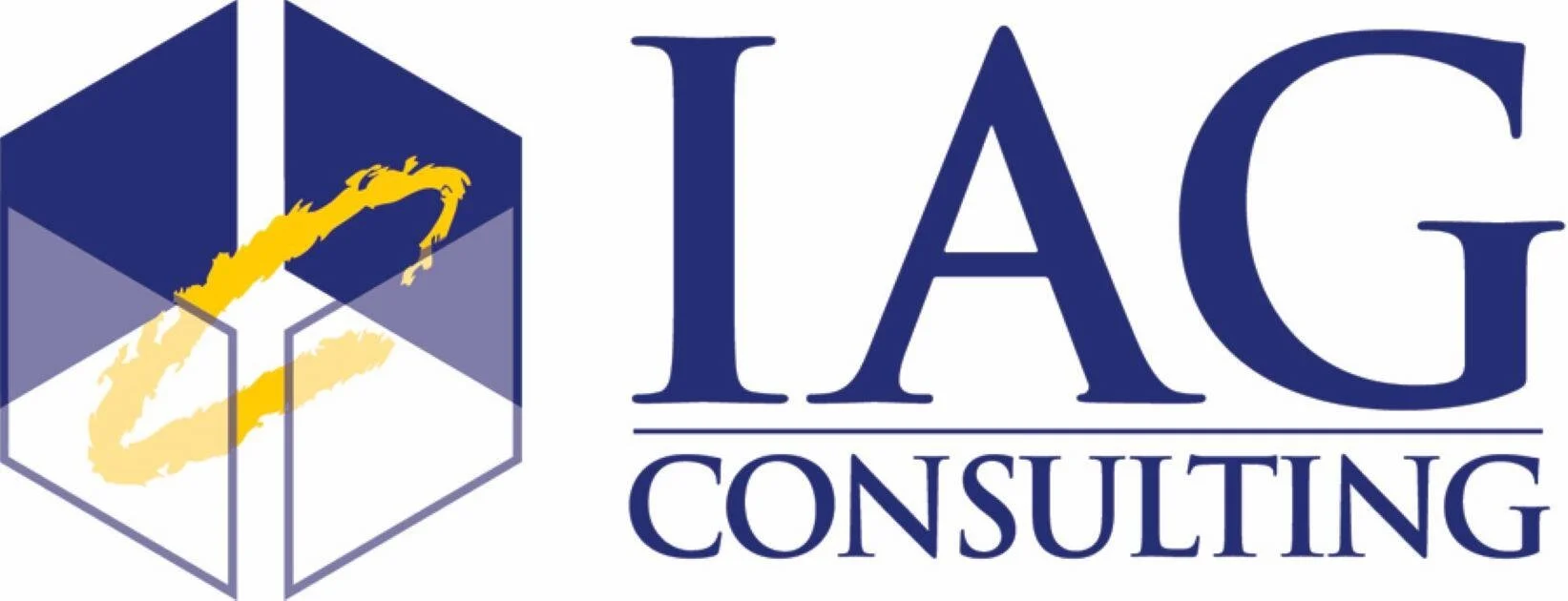 Logo of IAG Consulting with a blue and yellow design featuring a three-dimensional cube and a stylized yellow arrow or swoosh.