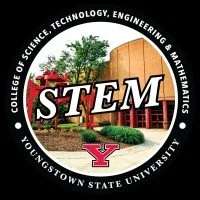 Circular logo for Youngstown State University's STEM program, featuring a sunset over trees and a STEM acronym in the center with a red Y symbol.