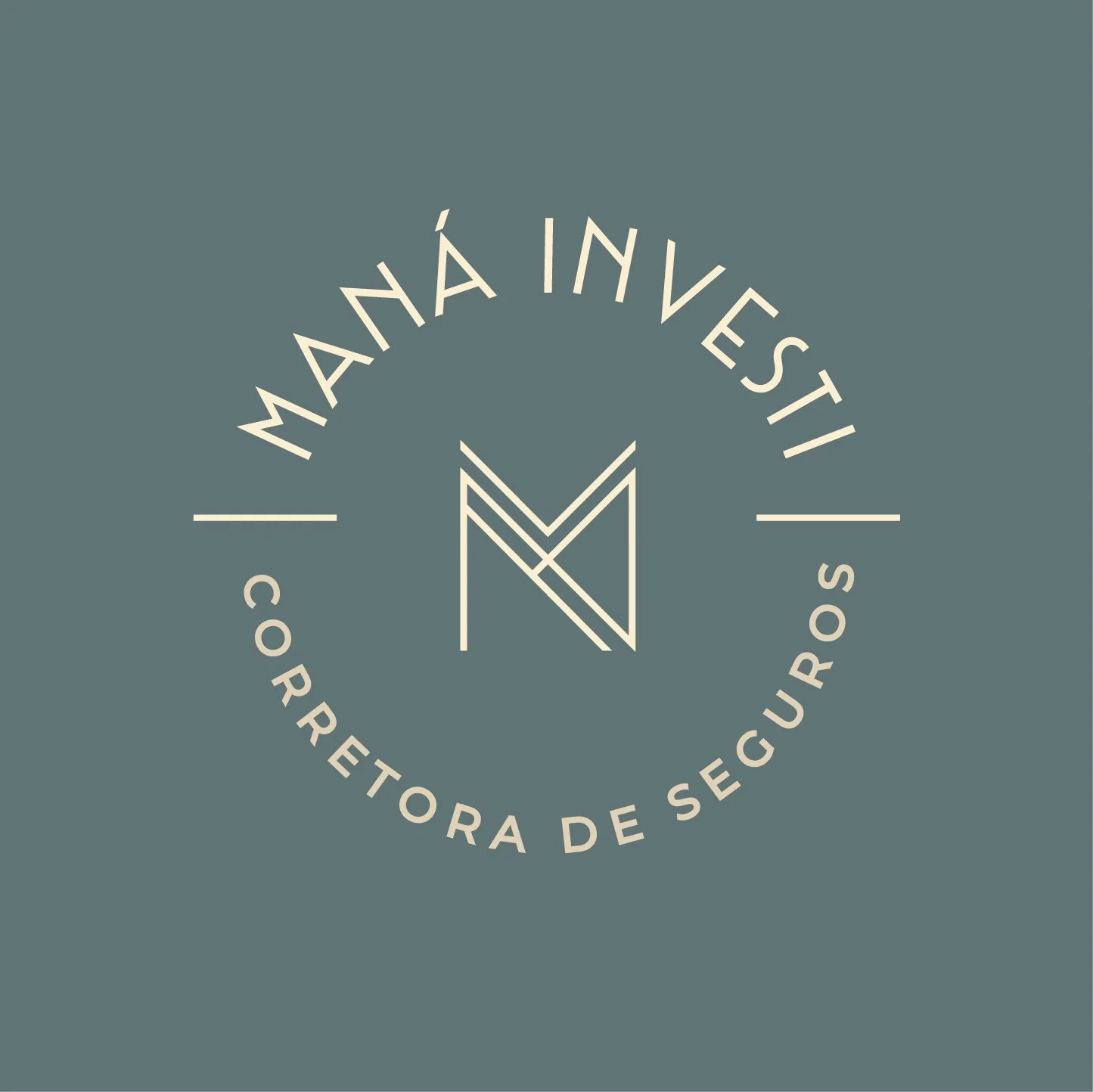 Logotipo com a frase "Manhã Investi" na parte superior e "Corretora de Seguros" na parte inferior, com um símbolo central de linhas formando uma letra "M" estilizada