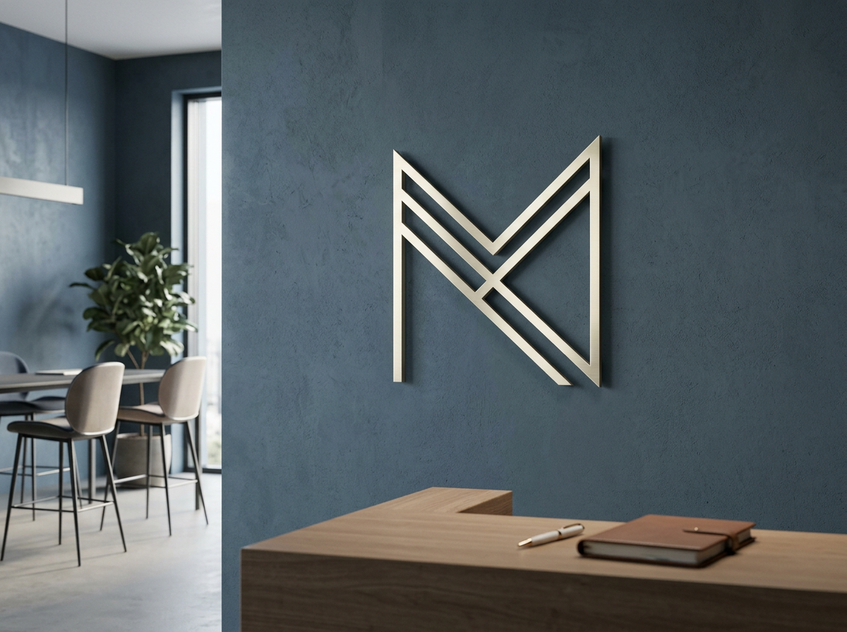 Escritório moderno com parede azul escura, sinal decorativo de metal em forma de M, mesa de madeira com caderno e caneta, ao fundo sala de reuniões com cadeiras e janela.