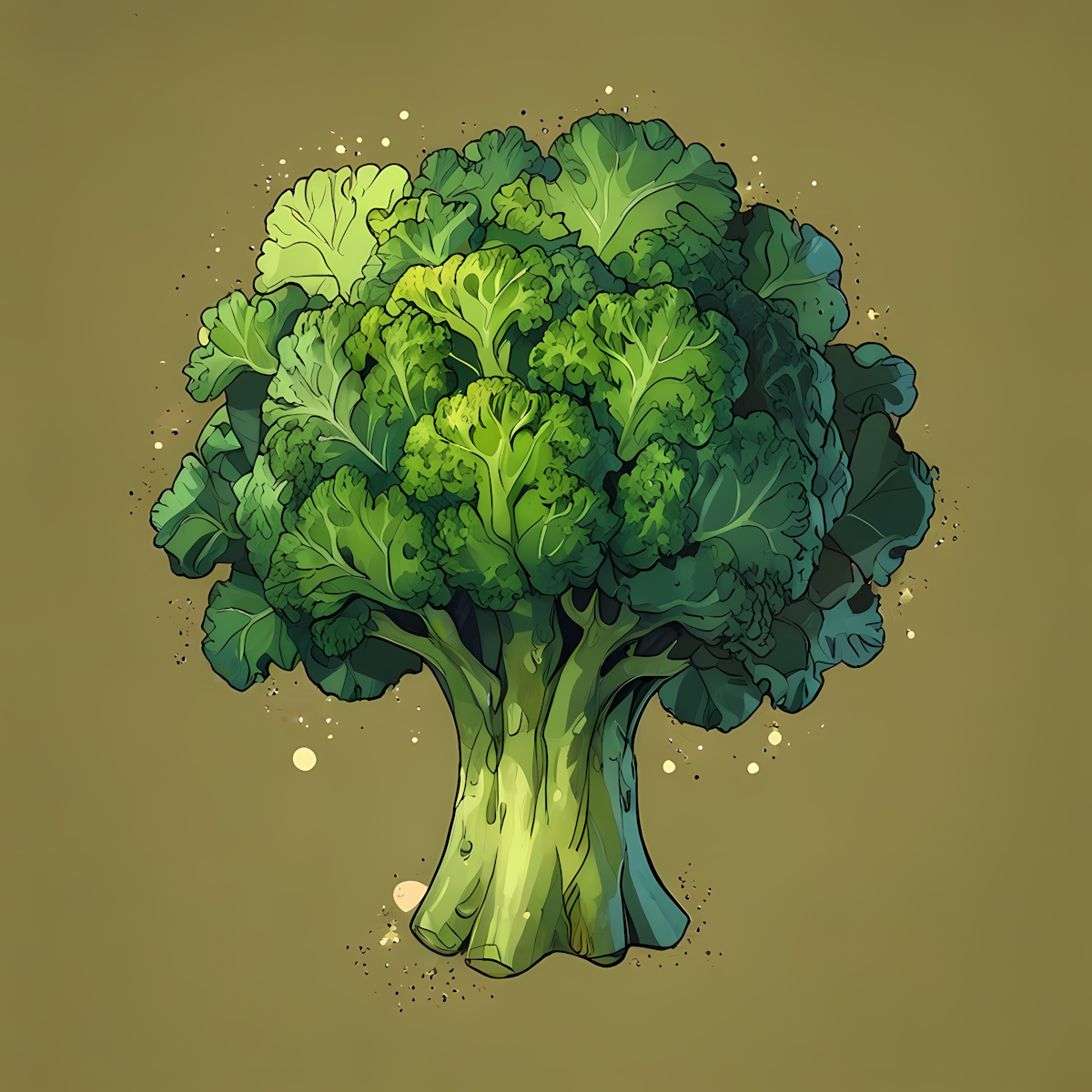 Illustration of a bunch of fresh green broccoli with leaves on a green background.