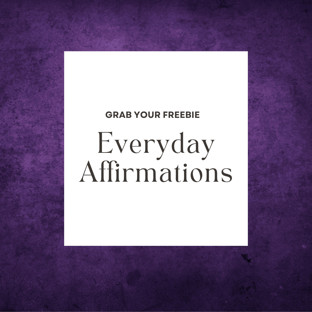 Purple textured background with white square in the center displaying black text that says 'Grab your freebie Everyday Affirmations'.
