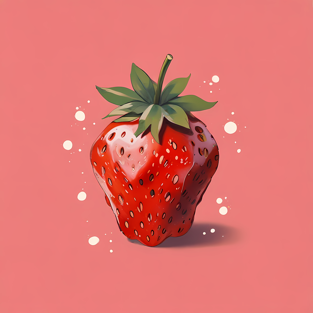 Digital illustration of a large strawberry with green leaves on a pink background, with white bubbles and splashes around it.