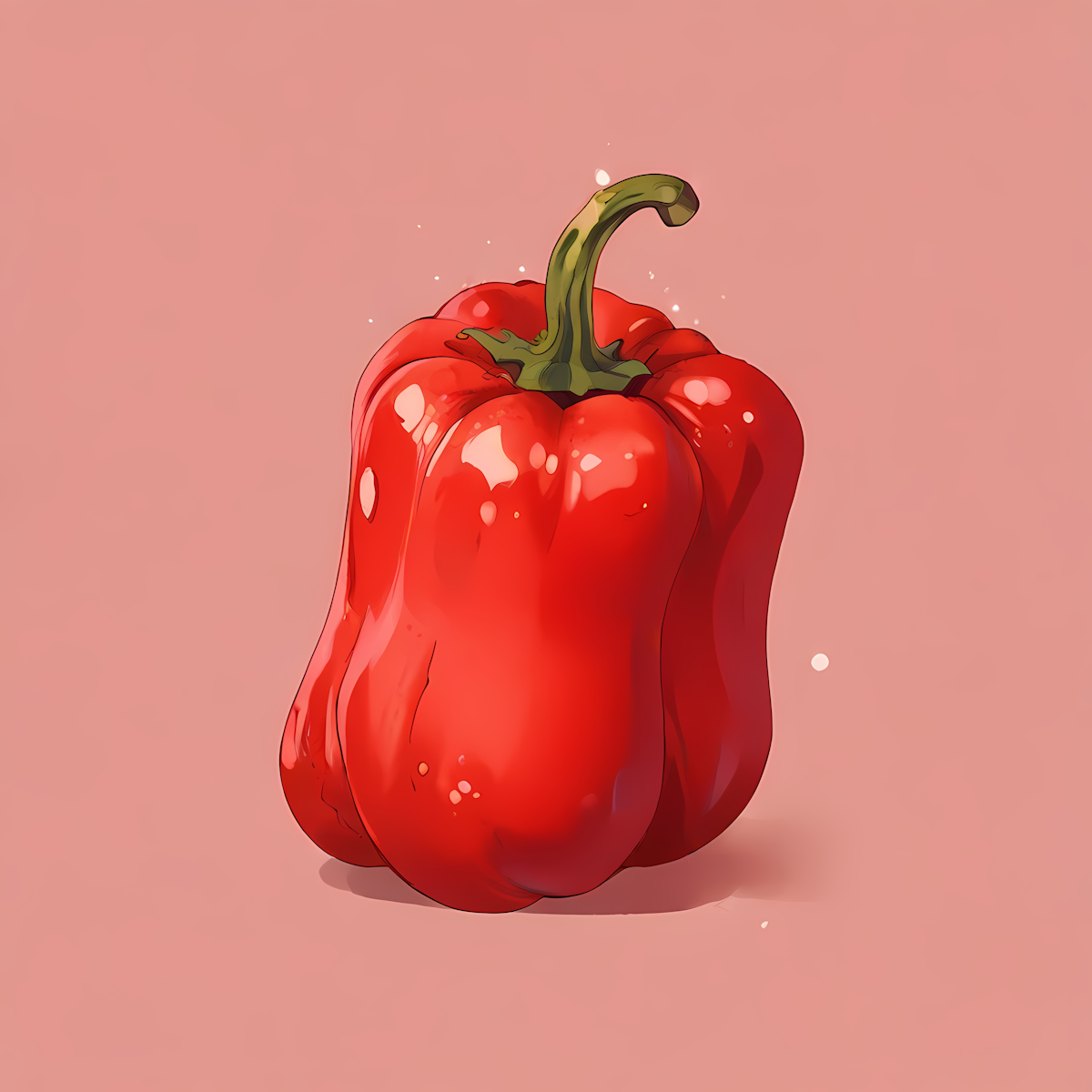 Digital illustration of a red bell pepper with a green stem on a pink background.