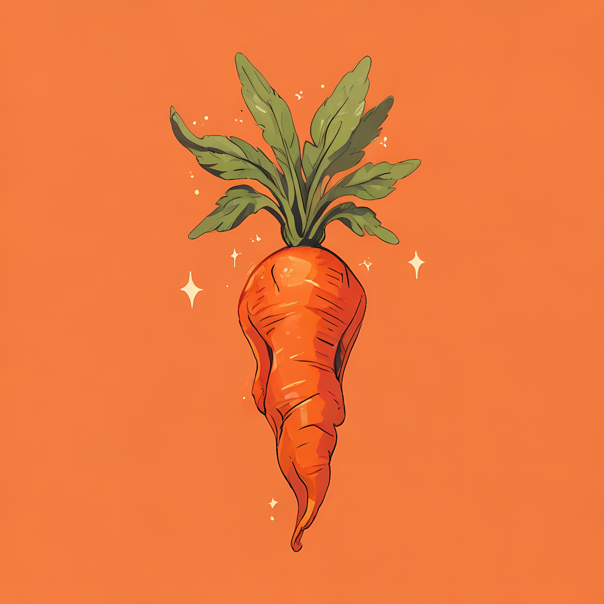 A stylized illustration of a carrot with leafy green top against an orange background, with sparkles around it.