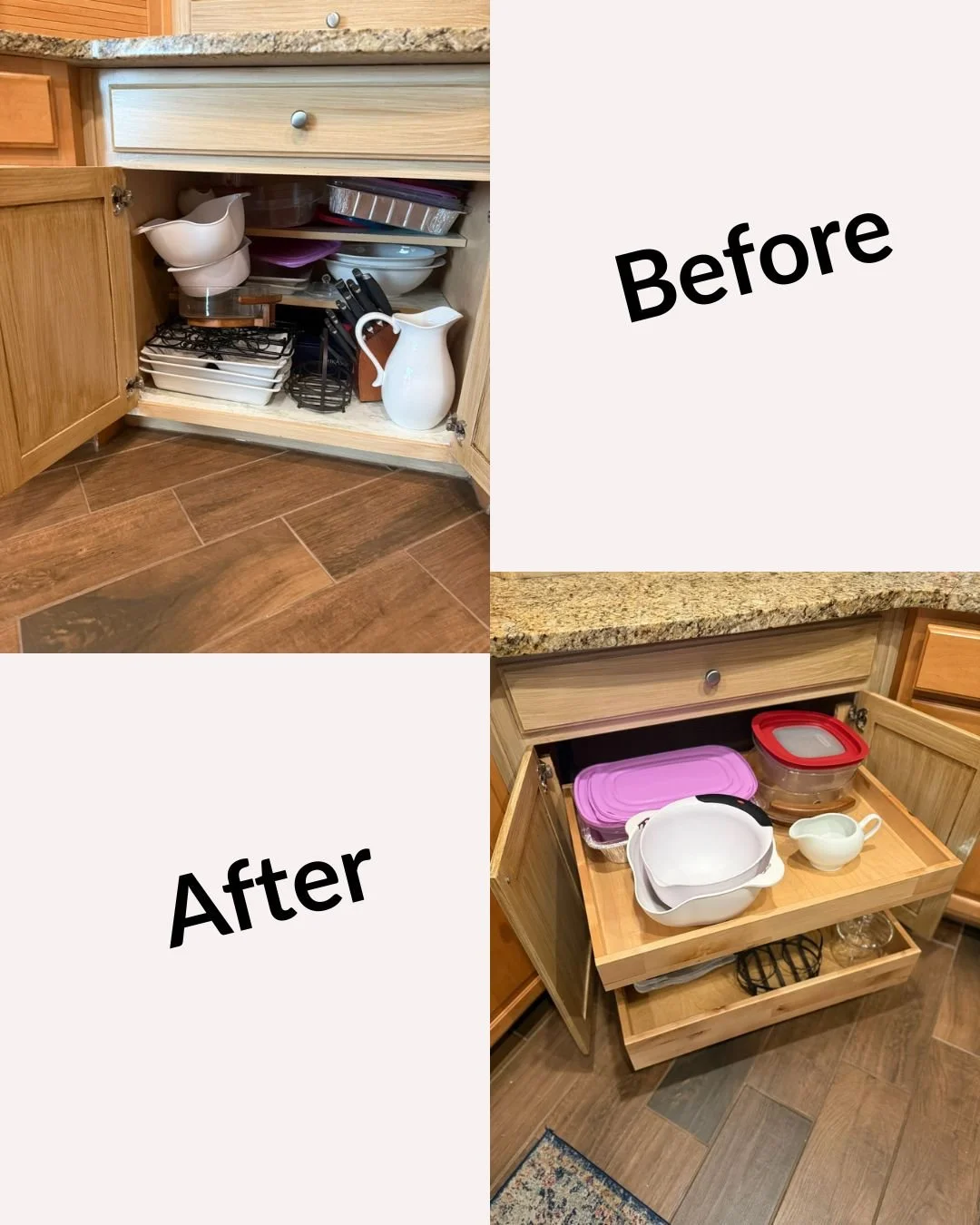 Comparison of an under-cabinet storage space before and after organization. The "Before" image shows a cluttered cabinet with various dishes and utensils. The "After" image shows the same cabinet organized, with dishes and containers neatly arranged.