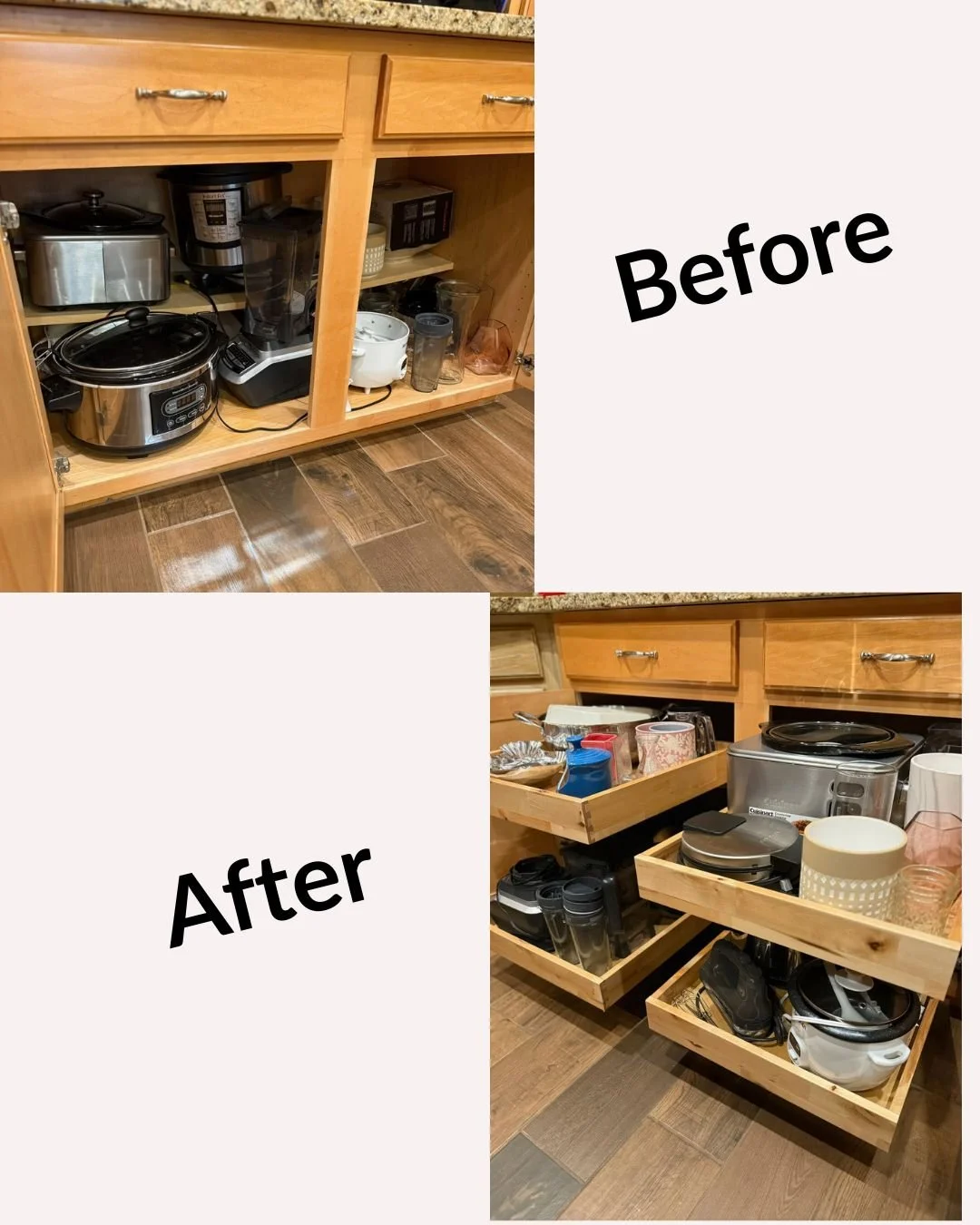 Before and after images of kitchen cabinet with pulled out drawers. The before image shows a cluttered cabinet with appliances and items inside. The after image shows the same cabinet with organized, empty drawers, some containing bowls and containers, and kitchen items arranged neatly.