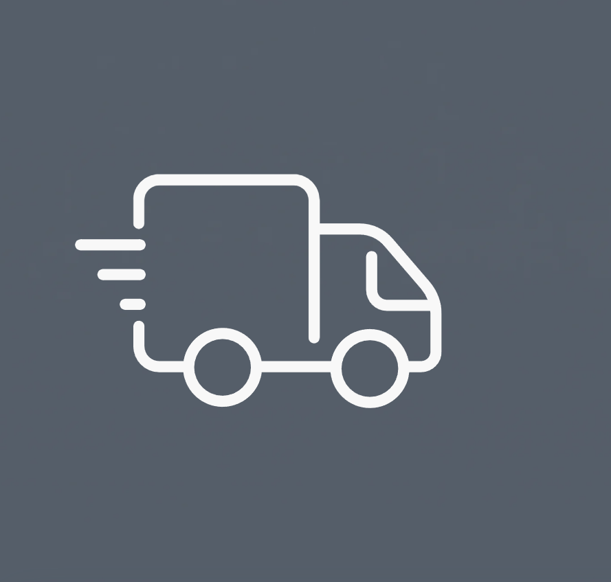 Line drawing of a delivery truck with motion lines, on a dark background.