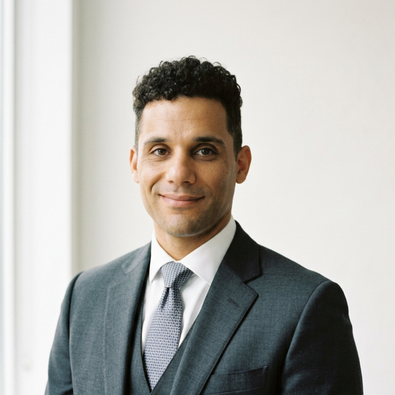 Professional man in a dark gray suit with a white shirt and gray tie, standing indoors near a window with neutral background.