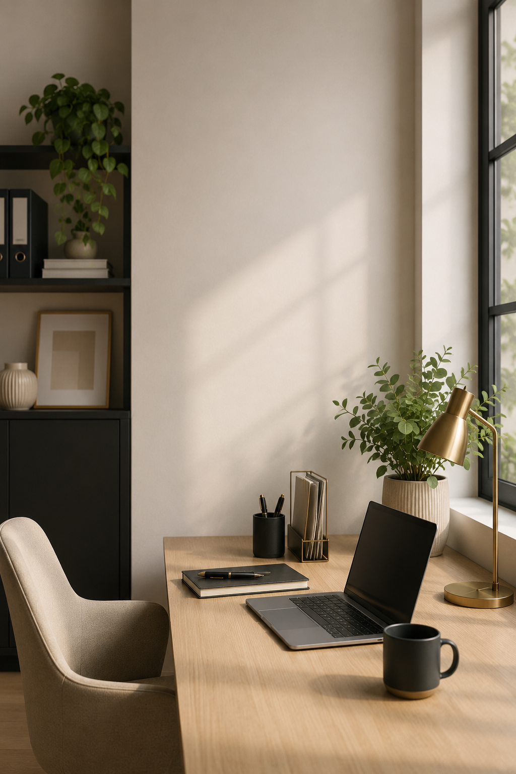Modern home office with a wooden desk, laptop, black mug, notepad, and a gold desk lamp. Green plant in a beige pot, large window with black frame, and a black bookshelf with decorative items and binders.