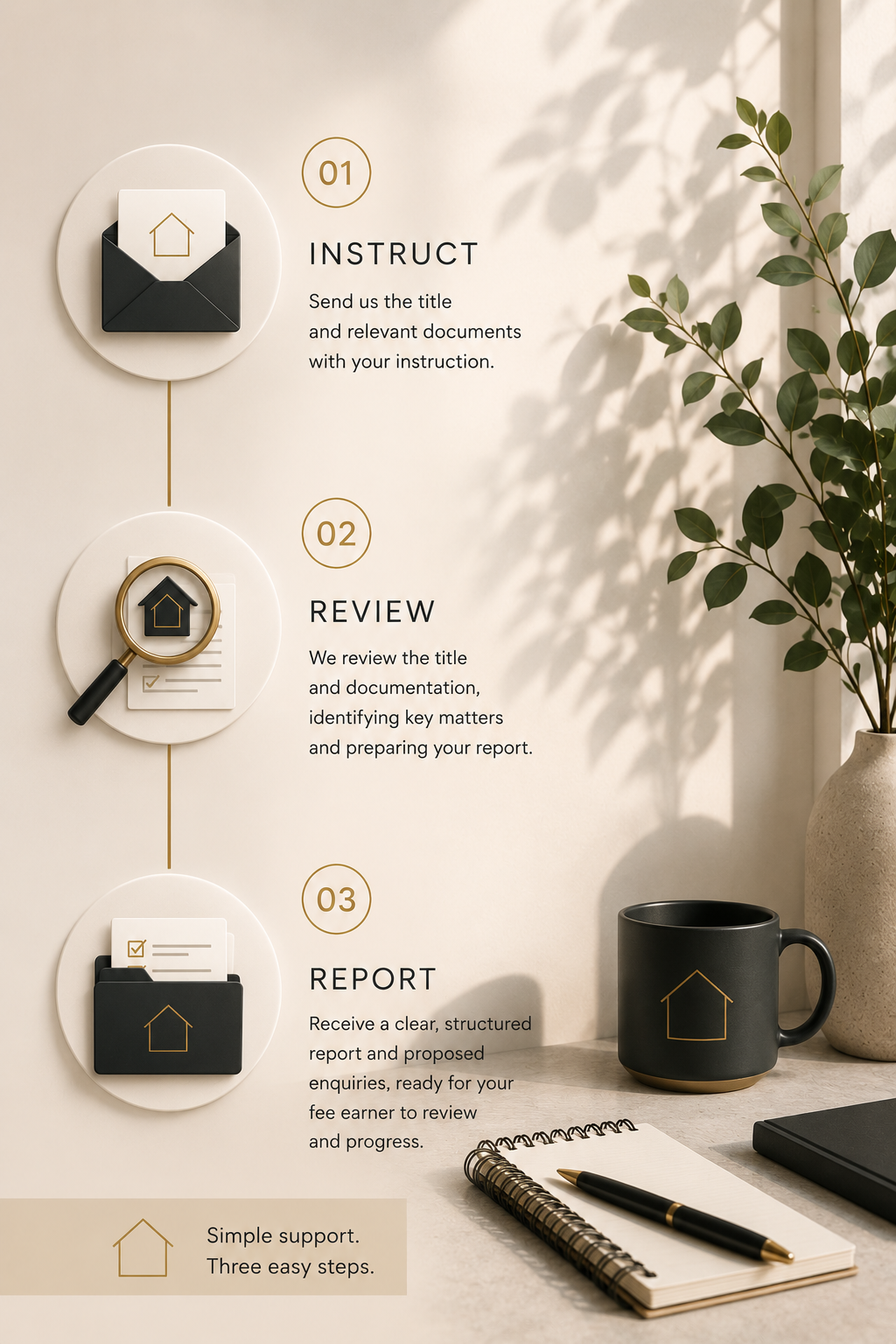 Infographic outlining three steps: 1. Instruct - Send title and documents; 2. Review - Review title and key matters; 3. Report - Receive structured report. The background has a plant, a cup, and office supplies.