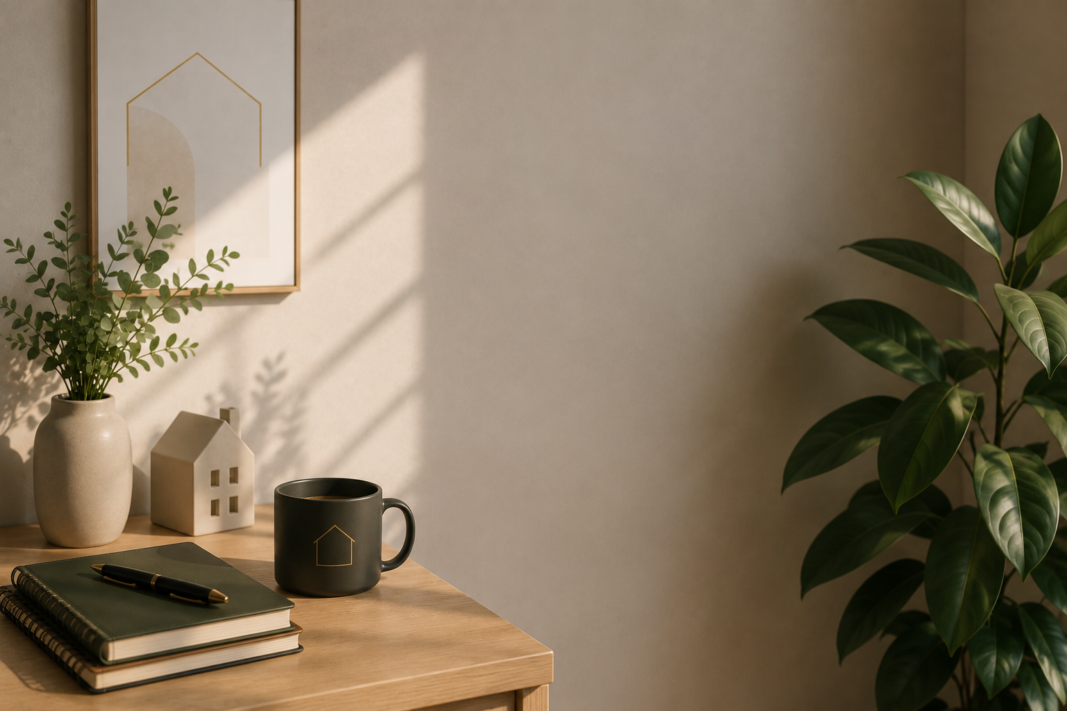 A cozy desk setup with a black coffee mug, a green notebook, and a black pen, surrounded by green plants and minimalistic decor with sunlight casting shadows.