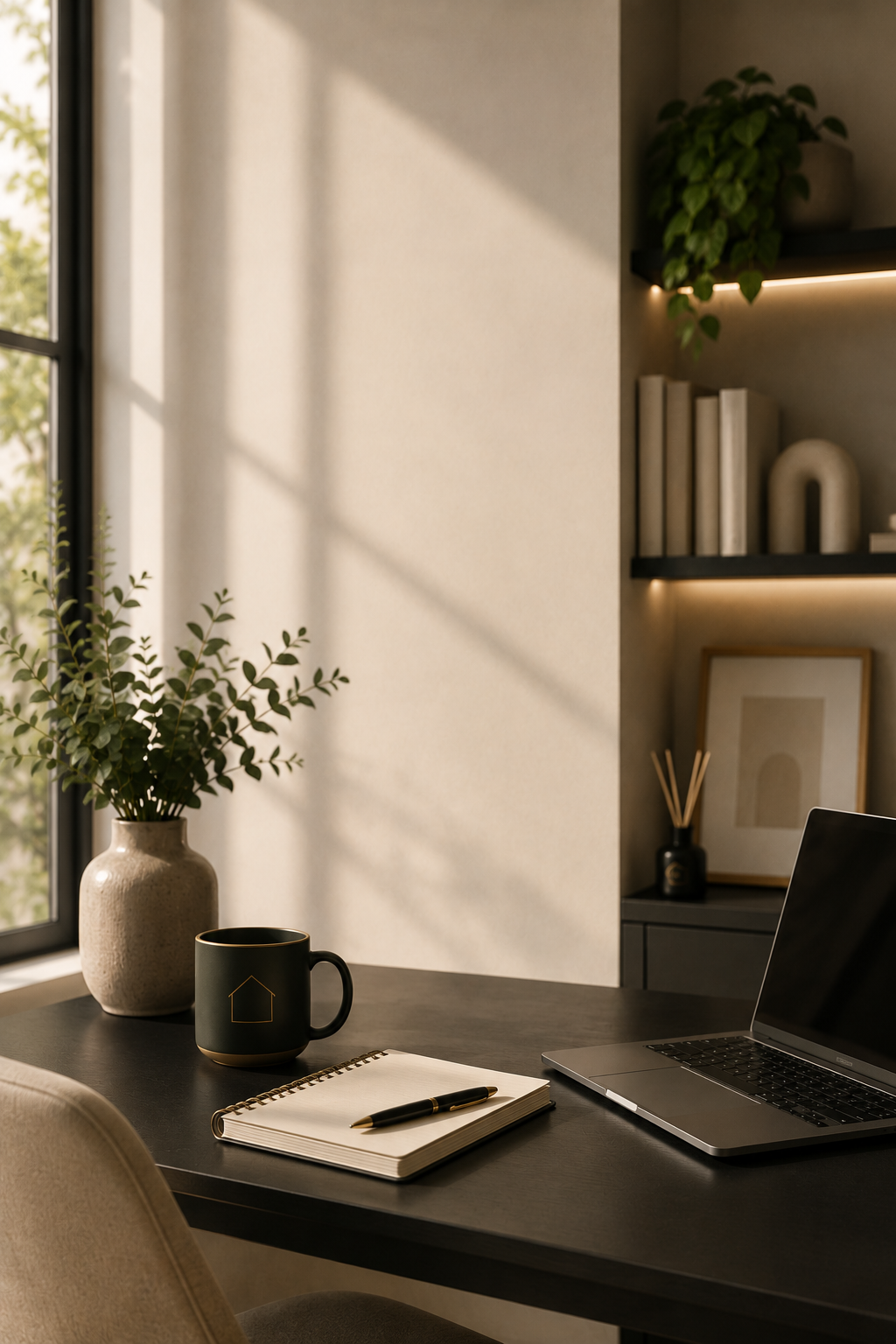 A home office desk setup with a laptop, a notebook with a pen, a dark green mug with a house logo, and a vase with green foliage, all near a window with natural sunlight.