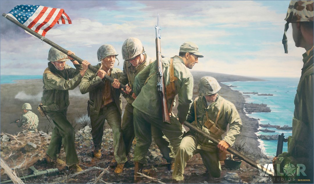 "Iwo Jima, the First Flag" by Ron Stark shows the often forgotten first flag raising on Mt. Suribachi. Available hand-signed by Marines who were there. Click the art to learn more. 