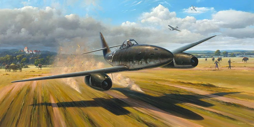 "Outrun the Eagles" by Gareth Hector shows Franz in his Me 262 during April 1945. Available with the autograph of Franz. Click the art to learn more.