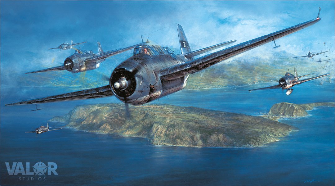 "Avengers of the Philippines" by John D. Shaw shows then Lt. George H.W. Bush piloting his Avenger near Corregidor in 1944. Available hand-signed by President Bush. Click the art to learn more. 