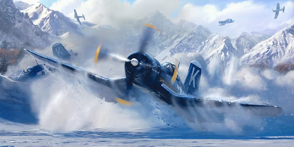 "Devotion" by Matt Hall shows Tom crashing in his attempt to save Jesse. Available hand-signed by Tom Hudner, click the art to learn more.