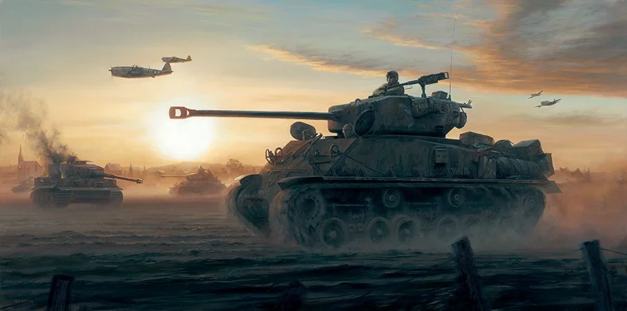 "Unstoppable" by Gareth Hector shows Easy Company, 32nd AR, 3rd Armored Division as they charge through Germany in April 1945. Available hand-signed by Clarence, click the art to learn more.