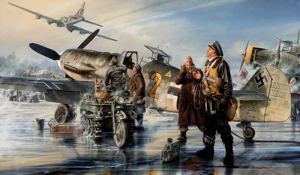 "Prey for Mercy" by John D. Shaw shows Franz at Jever field as Charlie flies overhead. Available with the autograph of Franz. Click the art to learn more.