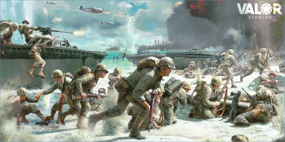 "Off the Line!" by Matt Hall shows R.V. Burgin, Eugene Sledge and the Marines of K-3-5 during the assault on Peleliu. Available hand-signed by R.V. Burgin. Click the art to learn more. 