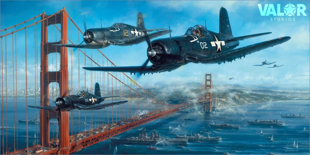"The Homecoming" by John D. Shaw shows Corsairs of VMF-214 flying over transports returning from the Pacific. Available hand-signed by heroes of the Pacific War. Click the art to learn more. 