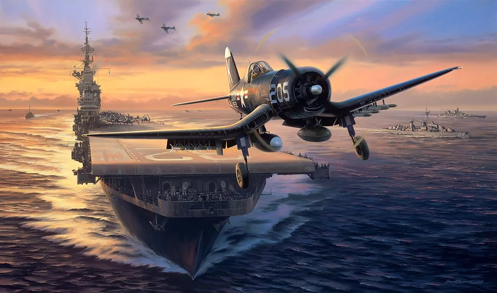 "Off to the Chosin" by Nicolas Trudgian shows Tom taking off from the USS Leyte. Available hand-signed by Tom Hudner, click the art to learn more.