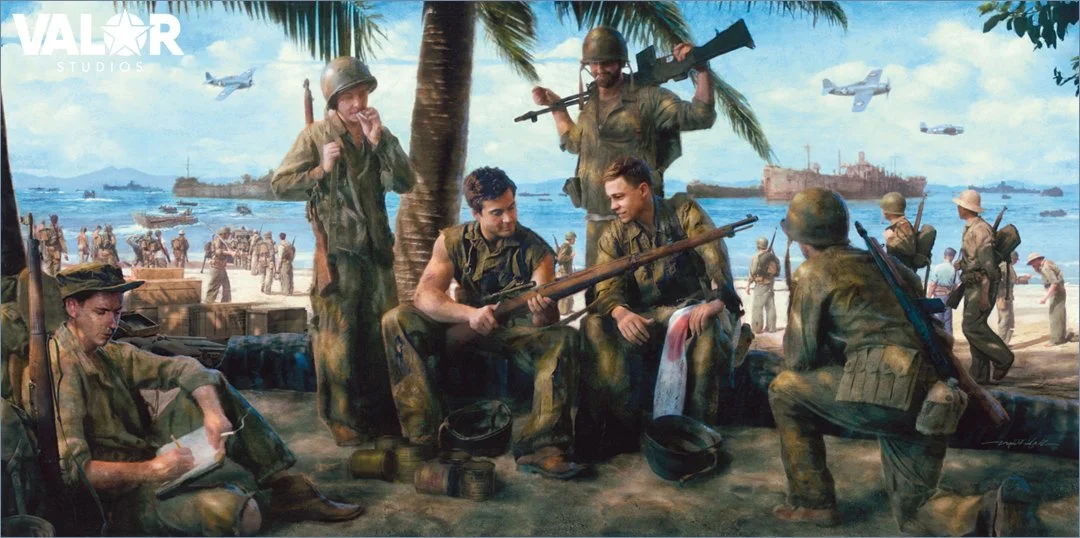"The Victors" by Matt Hall shows Robert Leckie, Sid Phillips and the Marines of H-2-1 as they ready to leave Guadalcanal. Available hand-signed by Sid Phillips. Click the art to learn more. 