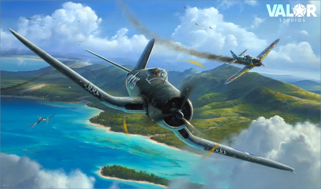 "Come Up and Fight" by Gareth Hector shows Gregory "Pappy" Boyington in action during 1943. Available hand-signed by Boyington's Black Sheep pilots. Click the art to learn more. 