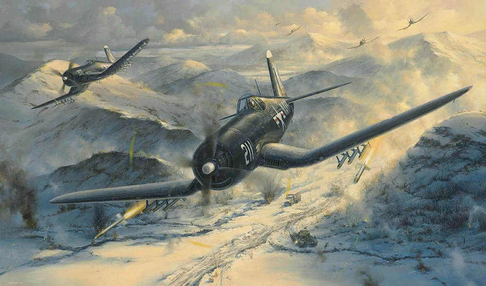 "Wingmen to the End" by Gareth Hector shows Jesse Brown on December 3, 1950. Available hand-signed by Tom Hudner, click the art to learn more.