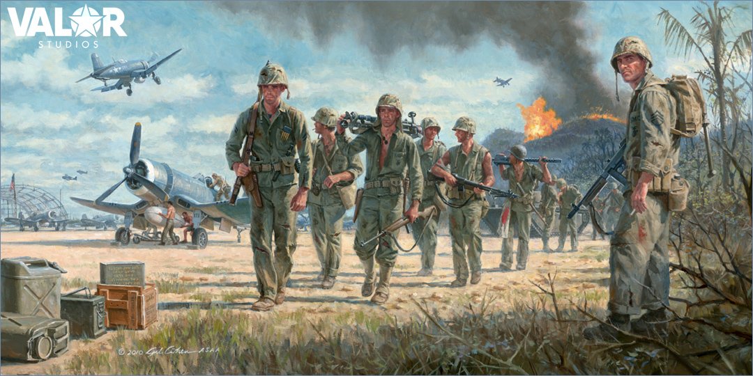 "Off the Line" by Gil Cohen shows R.V. Burgin, Eugene Sledge and the Marines of K-3-5 on Peleliu. Available hand-signed by R.V. Burgin & his Marines. Click the art to learn more. 