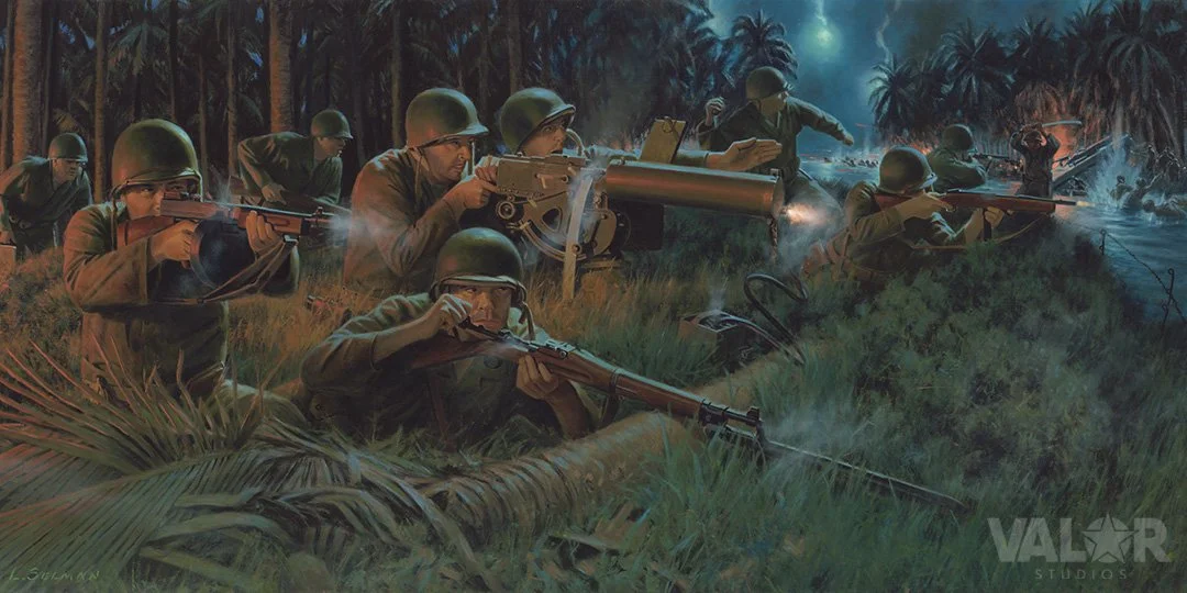 "First Victory" by Larry Selman shows Robert Leckie and his fellow 1st Marines during the Battle of the Tenaru (Alligator Creek). Available hand-signed by Sid Phillips. Click the art to learn more. 