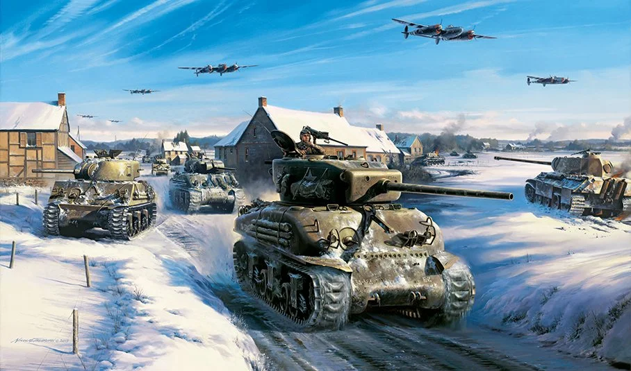 "Counterpunch" by Nicolas Trudgian shows the M4A1 of Clarence Smoyer on December 23, 1944 in the Ardennes. Available hand-signed by Clarence, click the art to learn more.