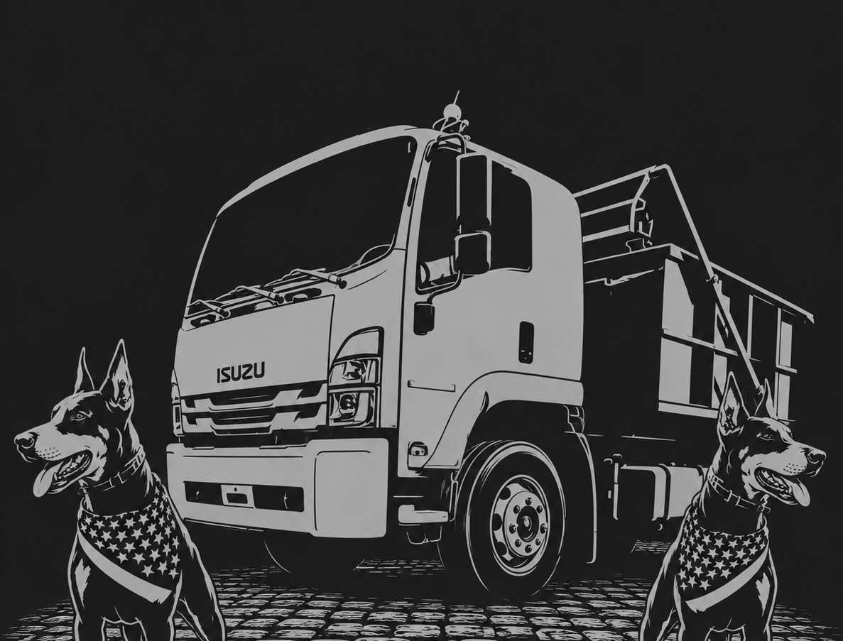 Black and white illustration of an Isuzu dumpster roll-off hook lift truck with two working dogs wearing American flag bandanas in front.