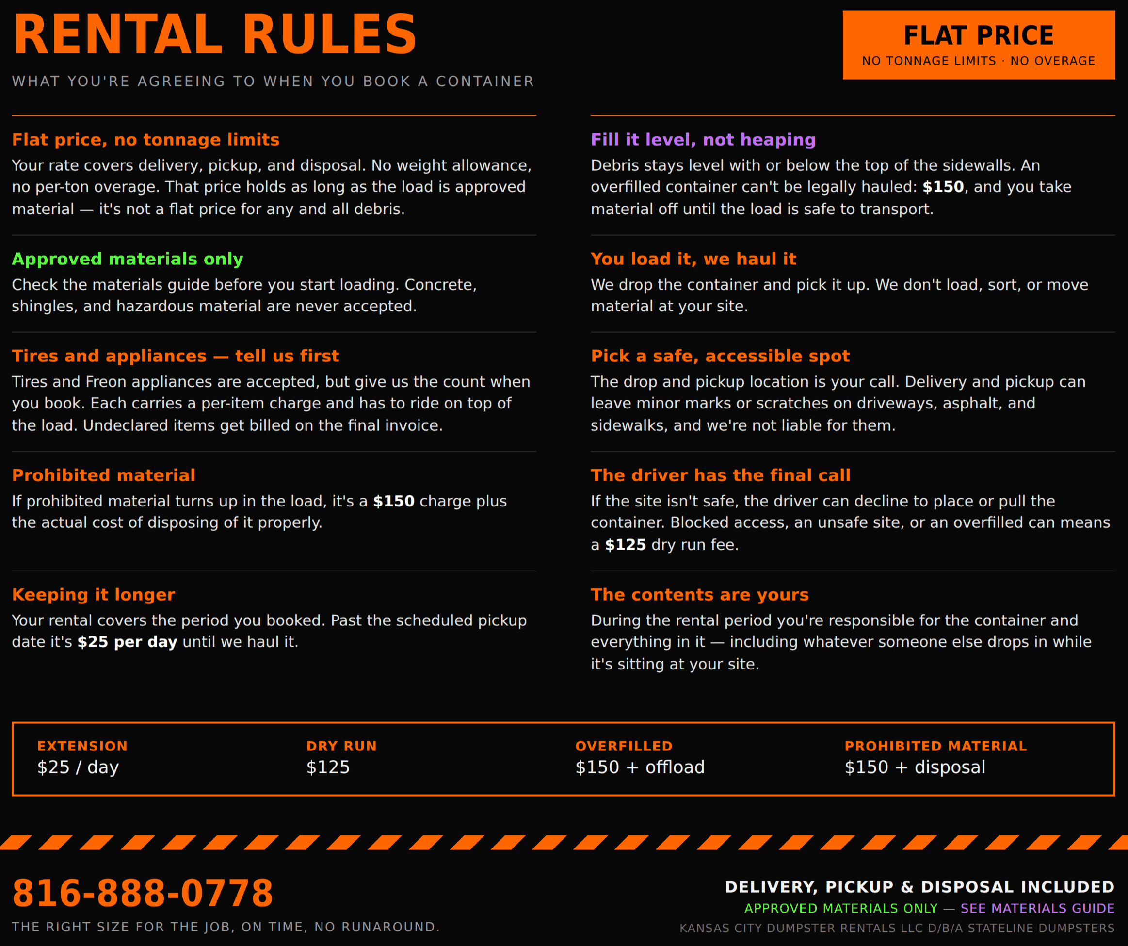Dumpster Rental rules sign with policy details on black background and orange accents. Includes rules about flat price, approved materials, prohibited materials, load handling, and fees.