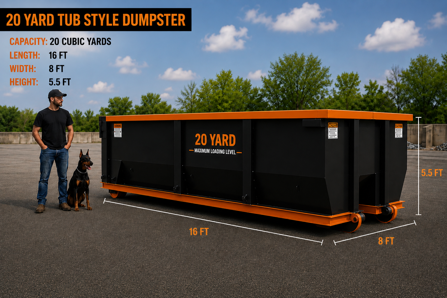 A man and a dog standing next to a large black and orange 20-yard can style dumpster on a paved lot, with trees and a blue sky in the background. The dumpster has measurements and capacity details written on it.