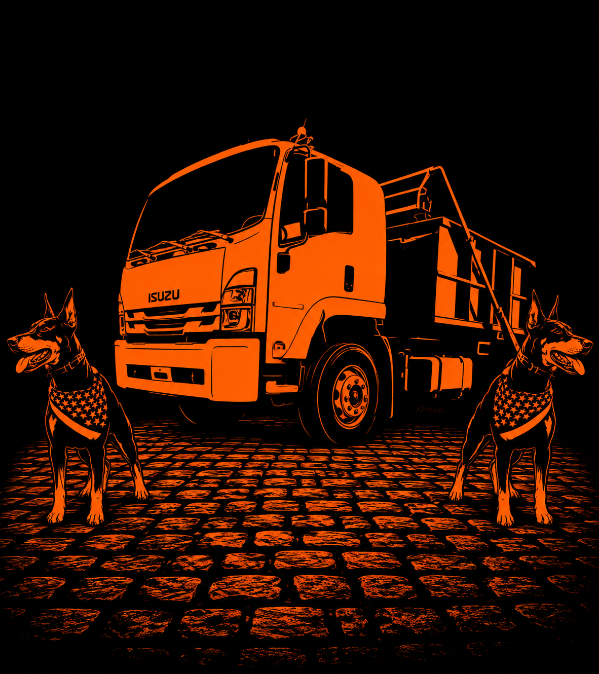Stylized orange illustration of a box truck with the brand ISUZU, flanked by two Dobermans wearing American flag bandanas, on a cobblestone surface against a black background.