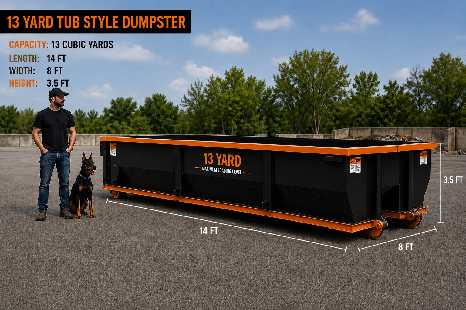 A man and a dog standing next to a large black and orange 13-yard can style dumpster on a paved lot, with trees and a blue sky in the background. The dumpster has measurements and capacity details written on it.