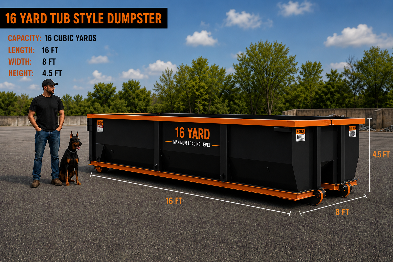 A man and a dog standing next to a large black and orange 16-yard can style dumpster on a paved lot, with trees and a blue sky in the background. The dumpster has measurements and capacity details written on it.