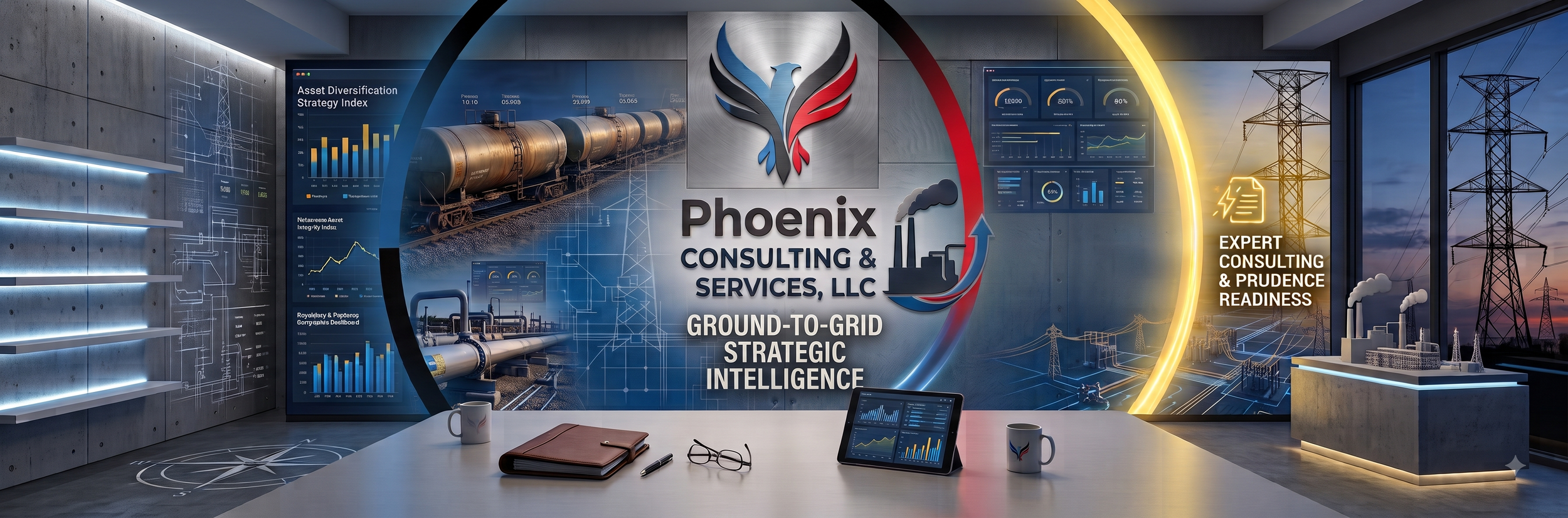 Modern office conference room featuring a large wall display with company logo 'Phoenix Consulting & Services, LLC' and words 'Ground-to-Grid Strategic Intelligence.' The room has charts, graphs, and digital dashboards referencing energy, assets, and pipelines. There are two coffee mugs, a tablet, a closed notebook, and glasses on the table. The background skyline shows power lines and transmission towers at sunset.