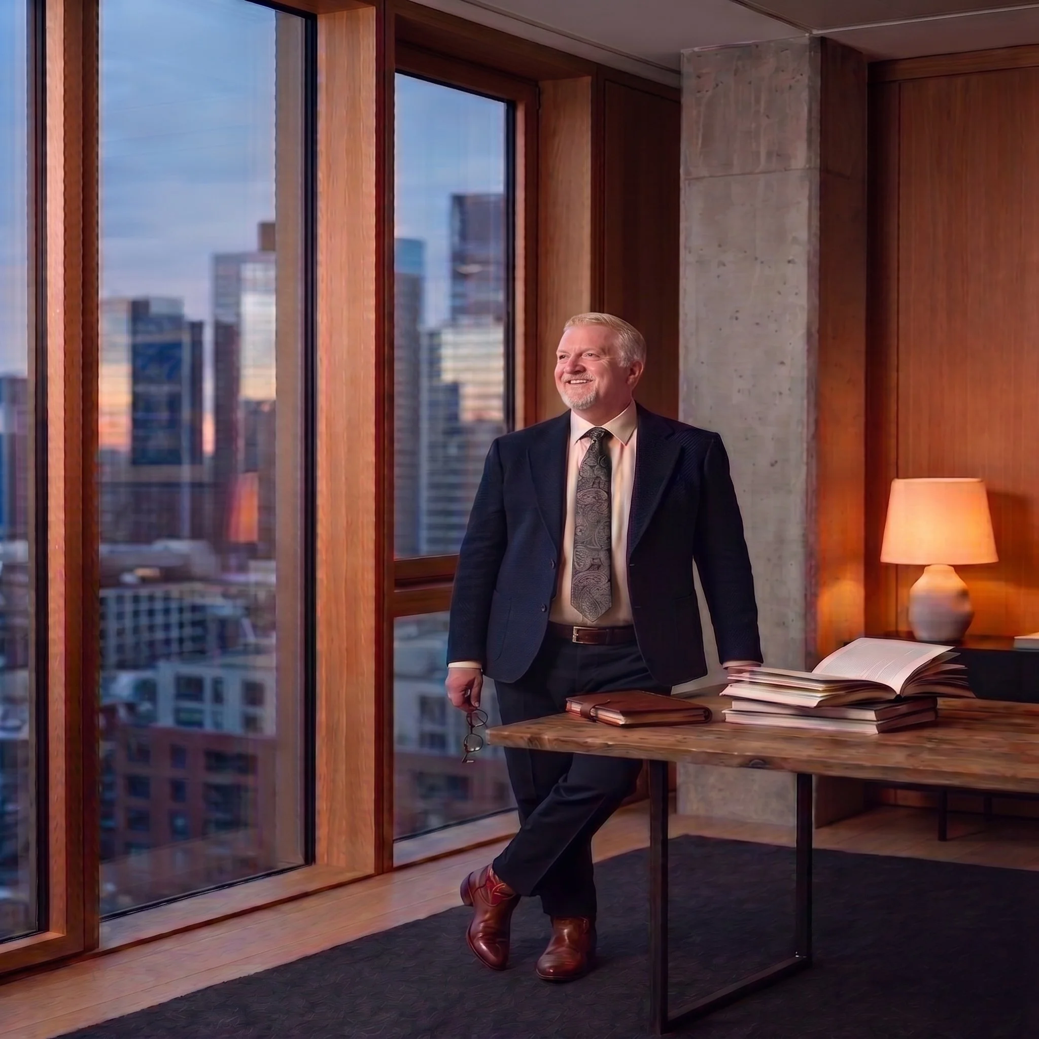 A man standing in a modern office with large windows, cityscape view, and wooden accents, wearing a suit and tie, smiling.
